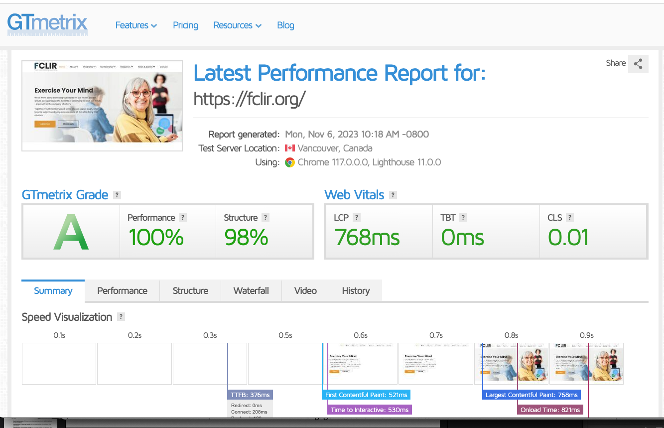 Screen capture from GTMetrix demonstrating website speed
