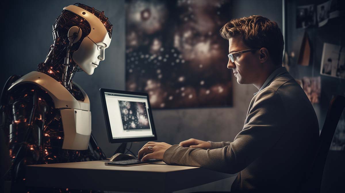 an AI generated image (fitting, right?) of a person have an online conversation with a chatbot. An interesting web design trend we'll follow.