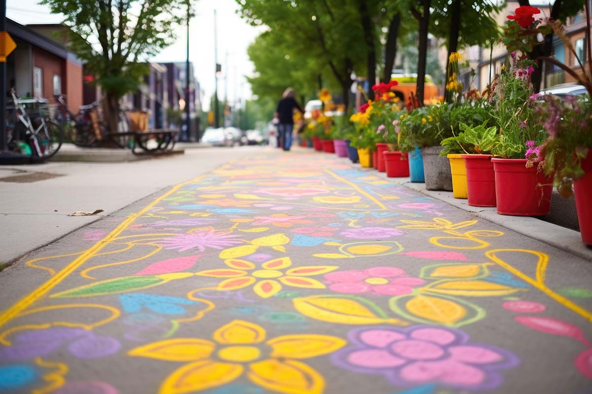 A chalk drawing of flowers. Chalk art like this can you used as a Guerrilla marketing technique