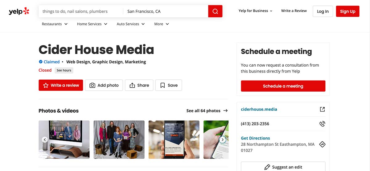 A screen capture showing Cider House Media's citation on Yelp.