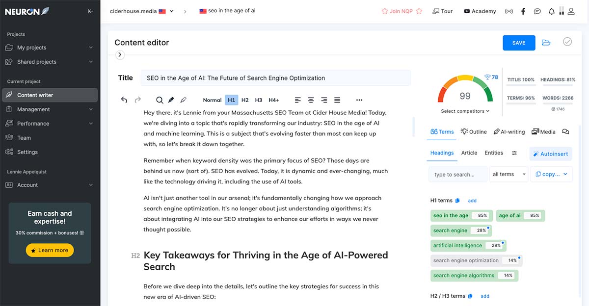 AI content optimization suggestions from NeuronWriter for SEO in the age of AI.