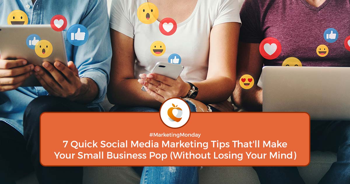 Three people using digital devices with social media reaction icons floating around them, representing engagement and interaction. A perfect visual for Quick Social Media Marketing Tips.