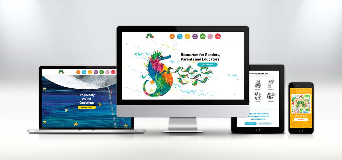 Mockups of the Eric Carle Website. Designs by Cider House Media in Easthampton, MA