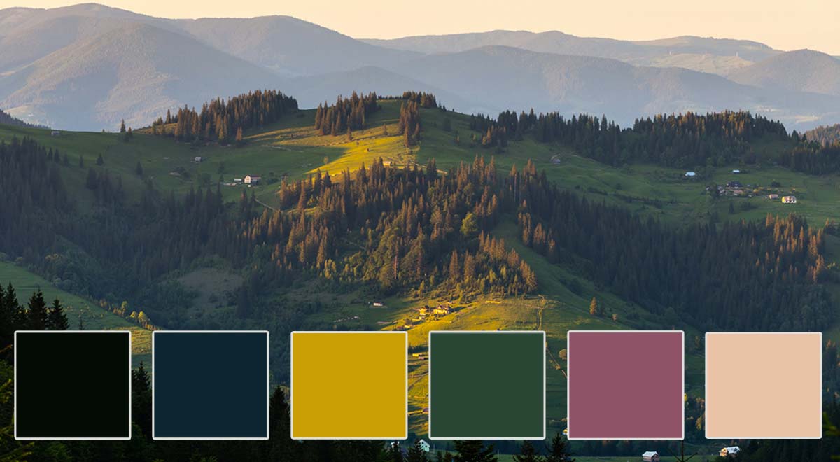 The earthy greens, mustard yellow, and soft blush in this palette capture the essence of a peaceful, rustic retreat. Perfect for eco-friendly brands or businesses that emphasize sustainability, this color scheme brings the outside in.