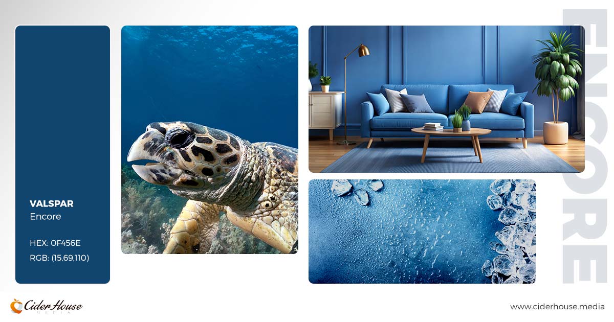 Valspar's Encore, featured as a 2025 color of the year, in various design applications from nature to home decor.