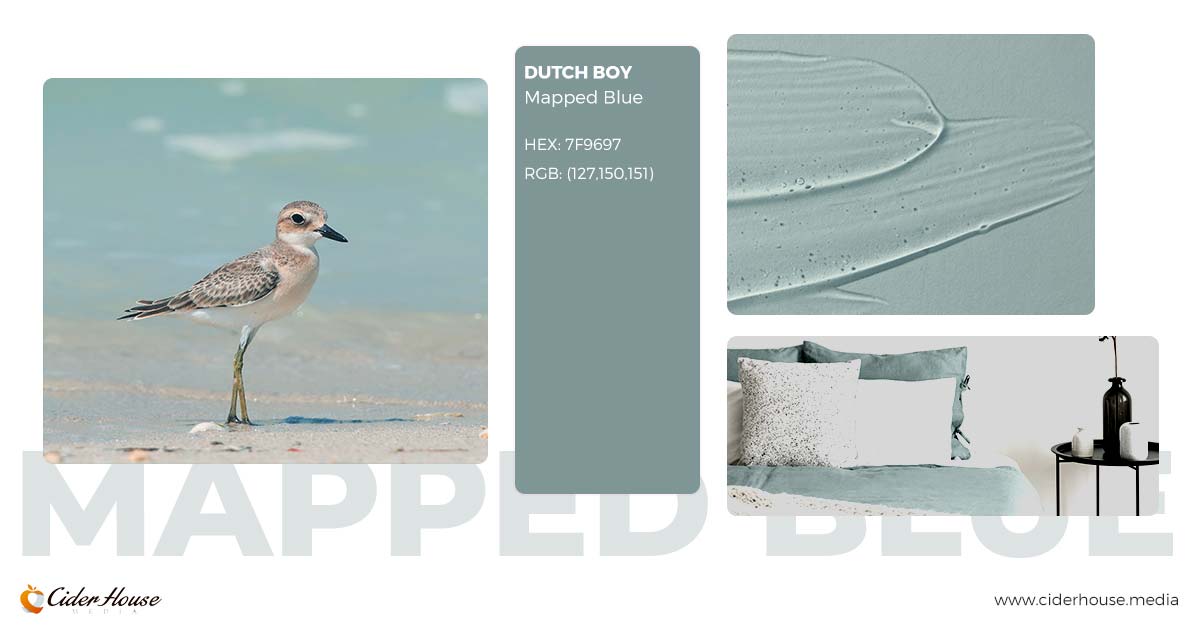Dutch Boy’s Mapped Blue in a soothing design palette featuring coastal and home elements for 2025.