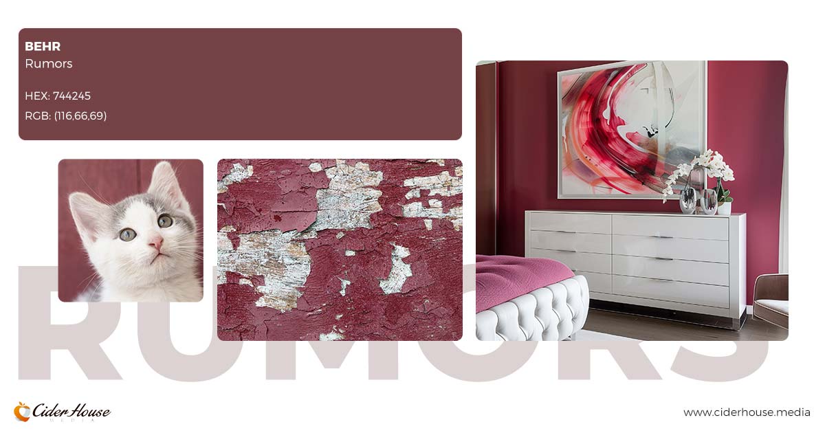 Behr Rumors Color of the Year 2025 – Ruby red accents in modern bedroom decor.
