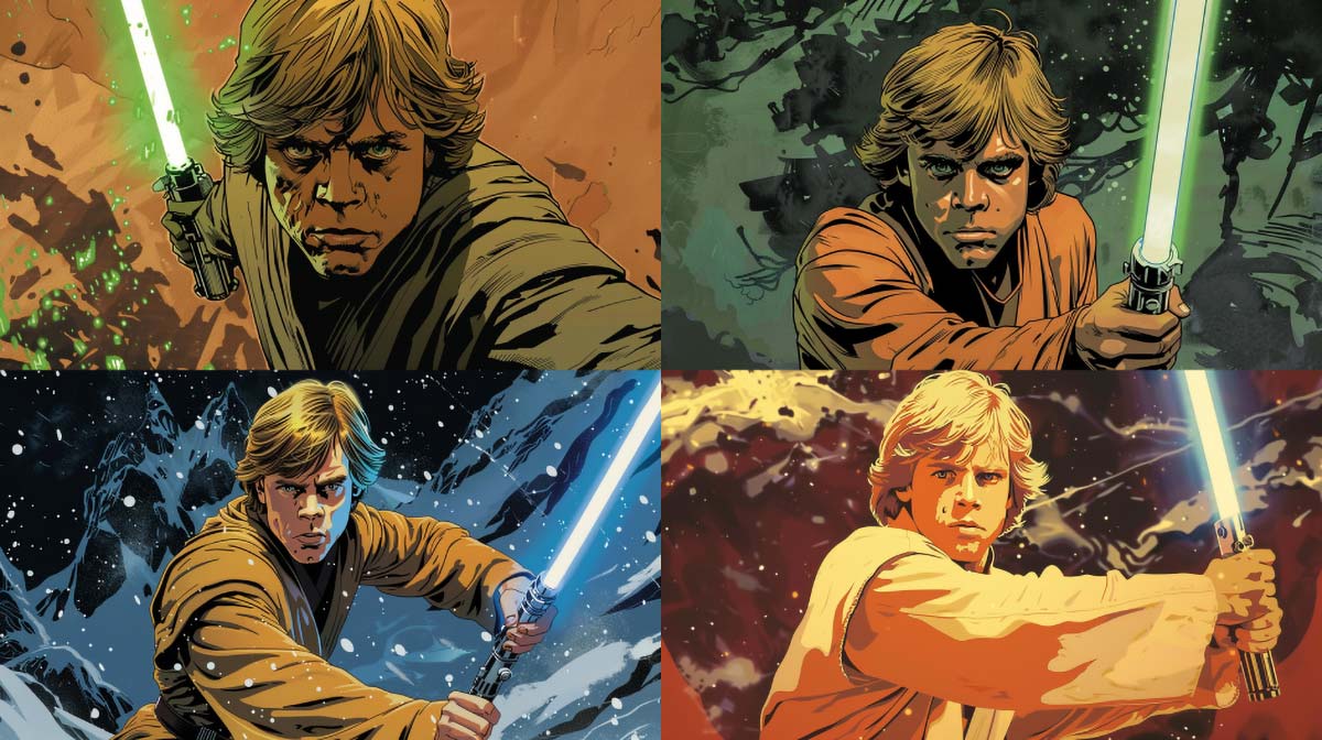 A four panel image showing the hero (Luke Skywalker) representing a storytelling secret that the customer should be the hero of the business's (brand's) story