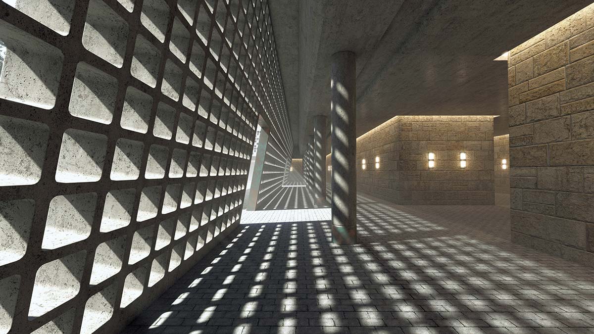 Photograph of a brutalism-style concrete building with geometric design.