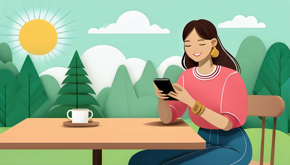 Illustration of a woman using social media on her phone, representing a small business owner building an online presence