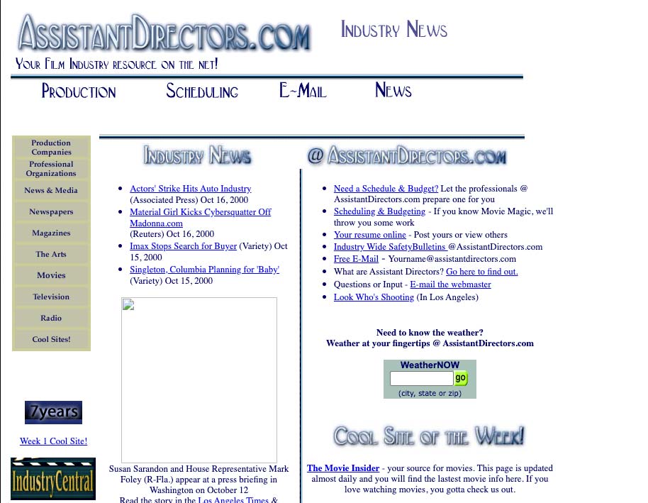 Screenshot of AssistantDirectors.com website from 2000 showing resource links, industry news, and classic web layout