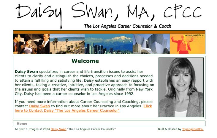 Screenshot of Daisy Swan career coaching website from early 2004, featuring welcome message and photo, built by Topanga Surf Co.