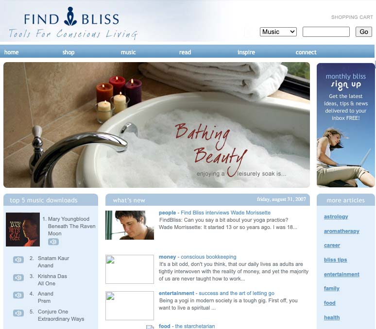 Screenshot of Find Bliss wellness website from 2007 showing music downloads, bath scene header, and soft blue UI