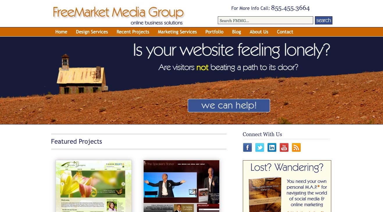 Screenshot of Free Market Media Group homepage from 2007 with featured projects and desert-themed banner