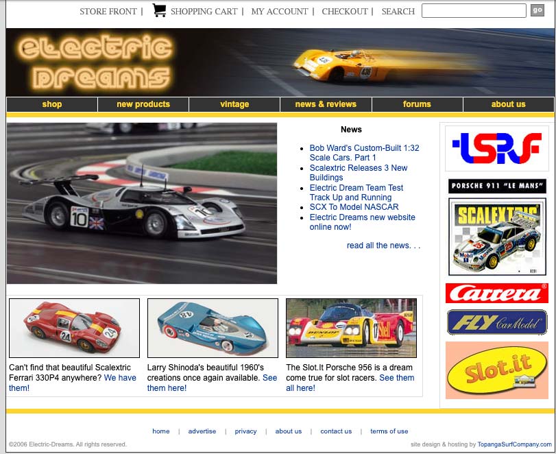 Screenshot of early 2005 Electric Dreams e-commerce website with slot cars and vintage racing layout