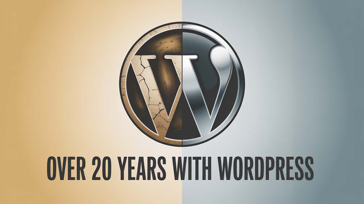 Split WordPress logo with Over 20 Years With WordPress caption