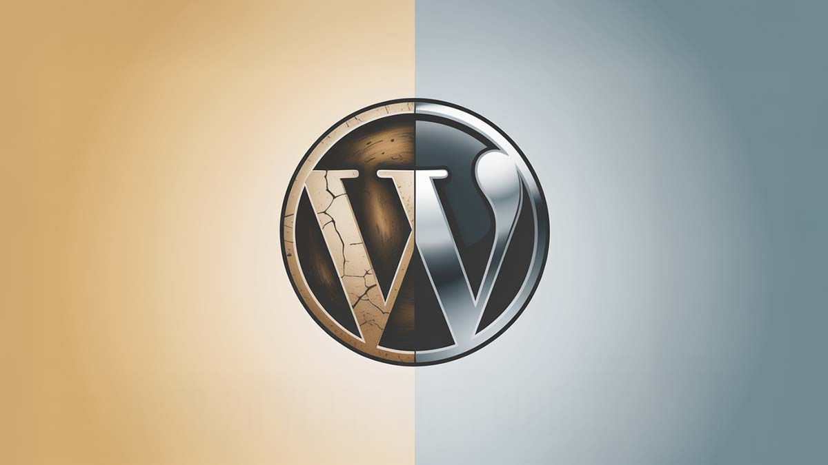 Split WordPress logo showing vintage cracked design on left and modern chrome design on right
