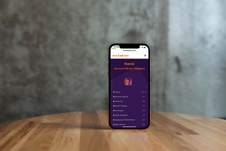 Mobile view of Ava DuPree's inside website, showcasing her as a singer, songwriter, actress, and artist.