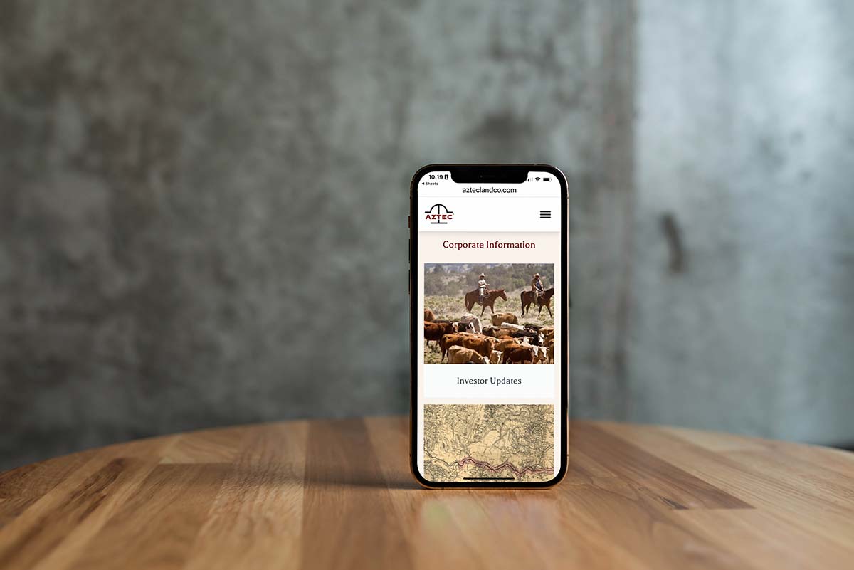 Second Mobile view of Aztec Land and Cattle Company website, showcasing their historic role as stewards of Northeast Arizona since 1884.