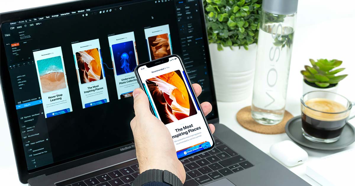 UI and mobile app design workflow displayed across laptop and smartphone screens, illustrating template vs custom WordPress web design