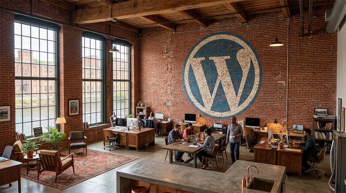 Modern office with large WordPress logo mural, representing scalable platforms for growing teams
