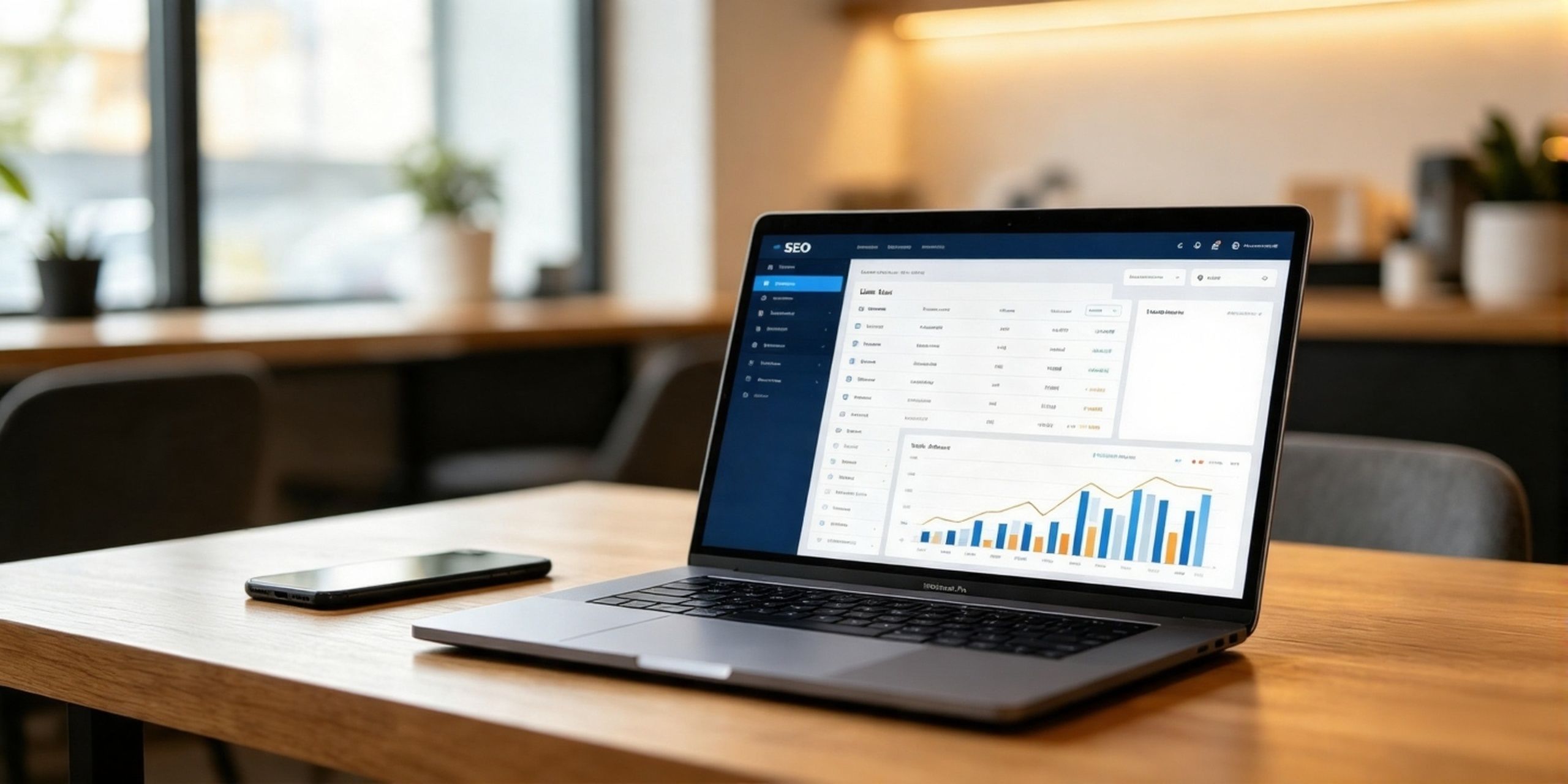 Modern graphic showing rising ranking bars and search symbols, illustrating improved website visibility from SEO services for small business