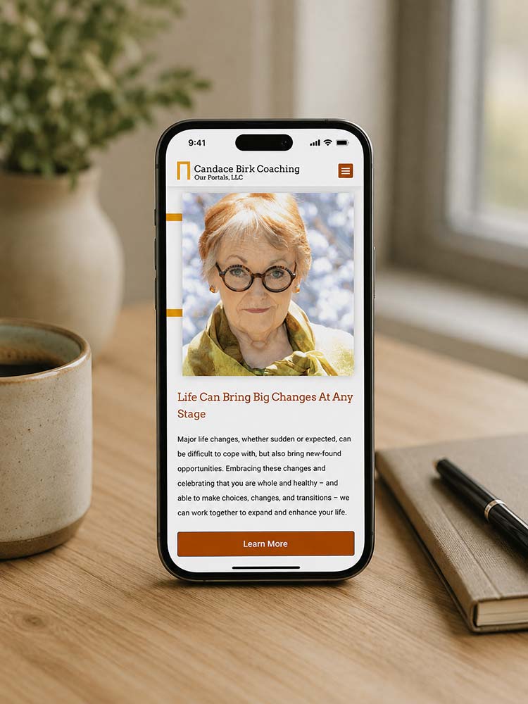 1phone mokup for solopreneur life coach Candace Birk. An example of a solopreneur web design