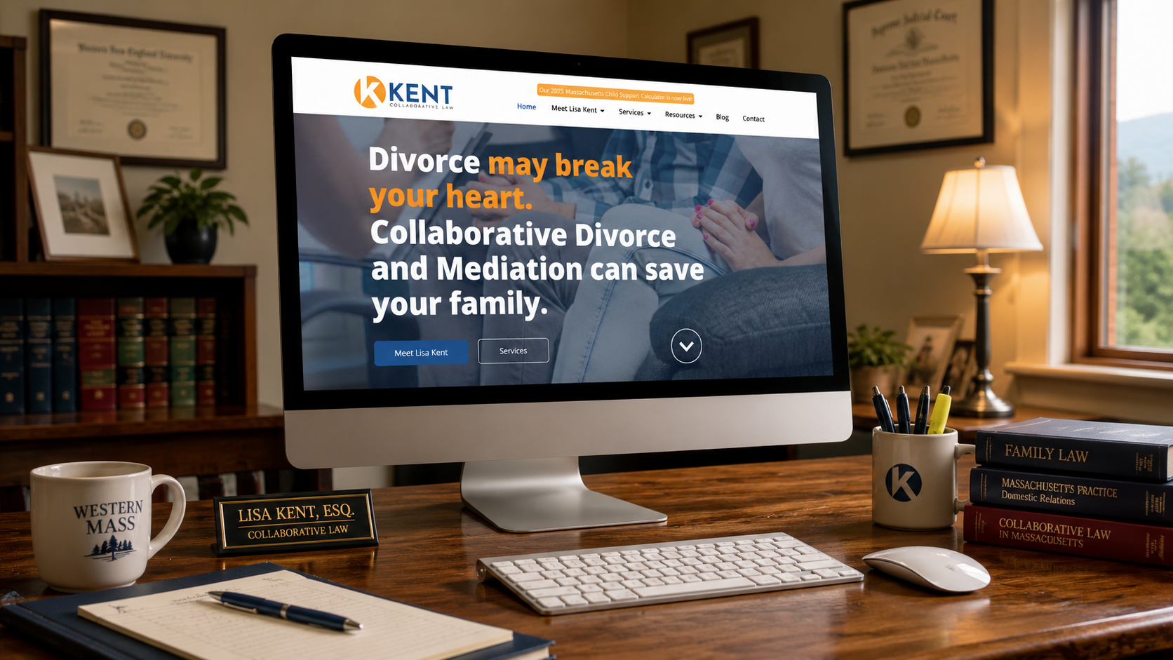 Kent Collaborative Law website for Amherst Massachusetts family law attorney Lisa Kent displayed on a desktop computer