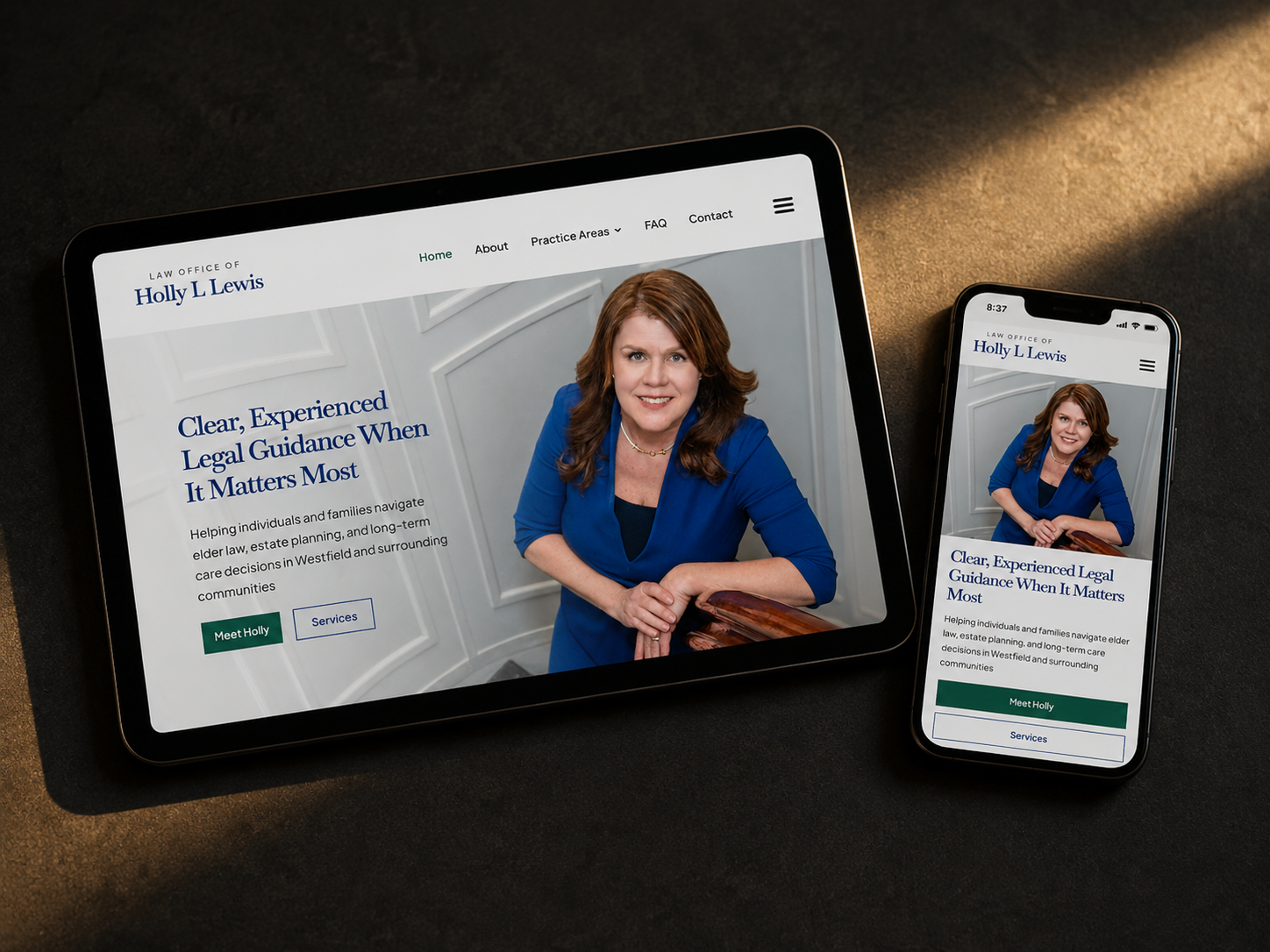 Law Office of Holly L. Lewis elder law website displayed on a tablet and mobile phone
