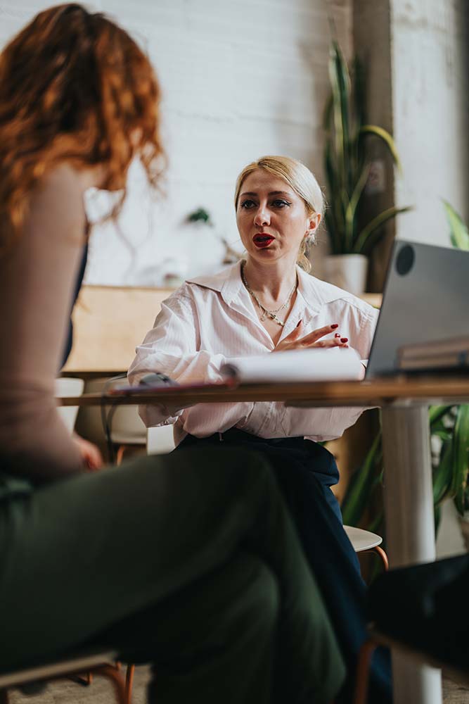 Business professional explaining ideas during a one-on-one meeting.