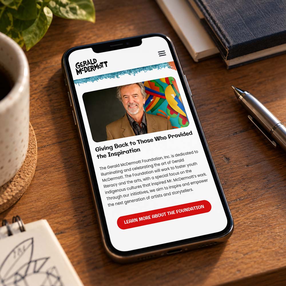 Gerald McDermott Foundation nonprofit web design displayed on a smartphone.