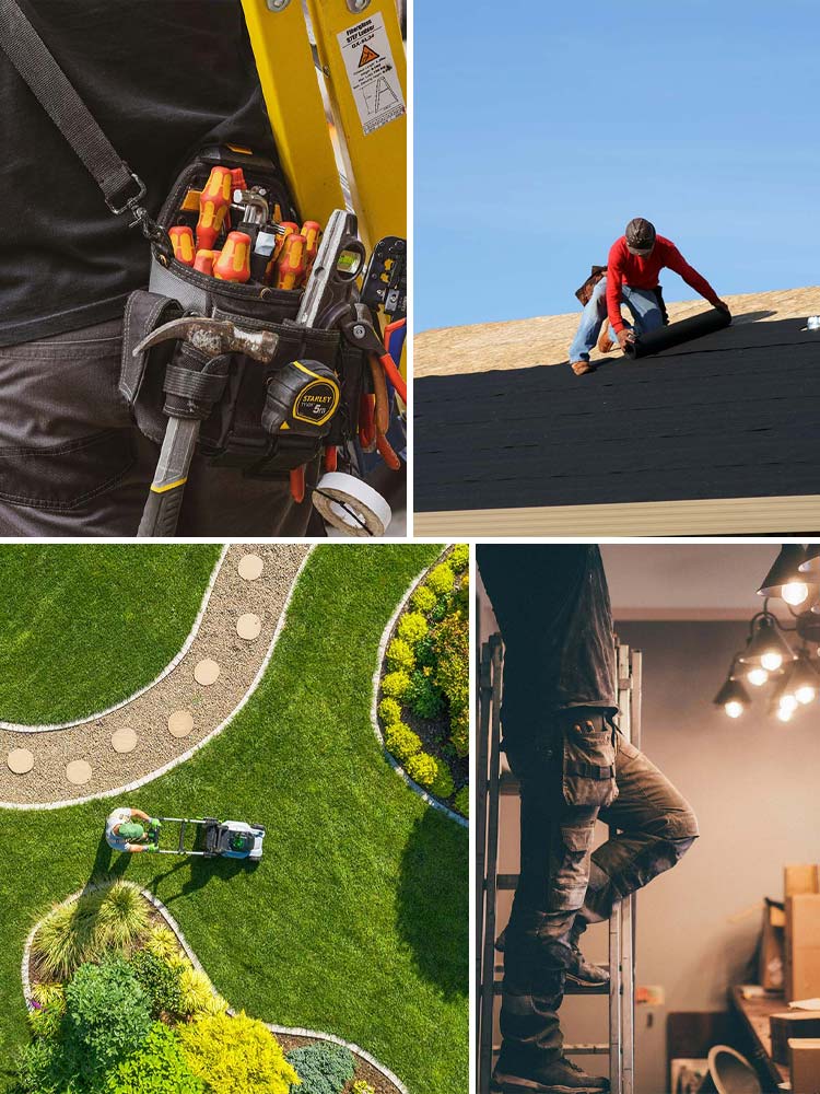 4-panel collage of home services businesses, landscaping, eletrician, roofing