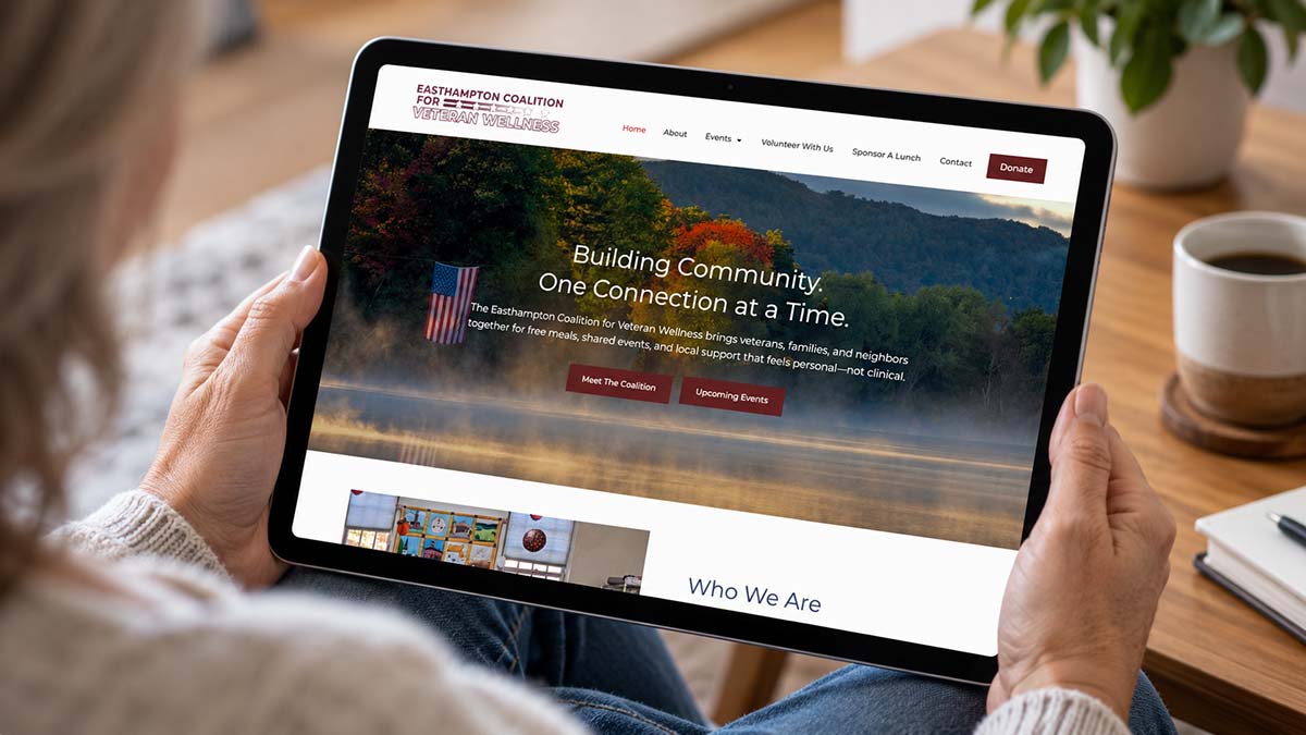 Easthampton Coalition for Veteran Wellness website displayed on a tablet.