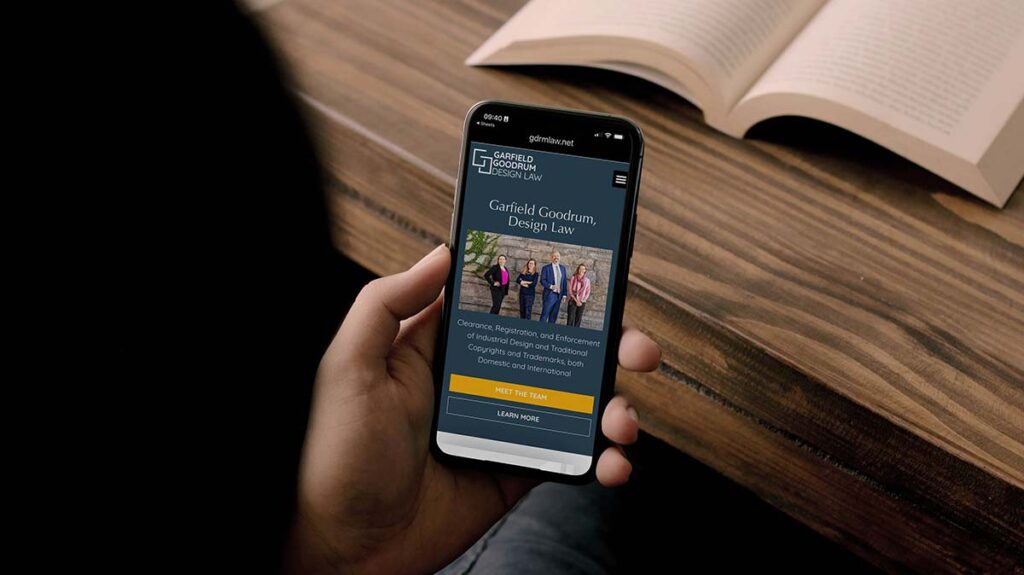 mobile website mockup on iPhone of Intellectual Property attorney Garfield Goodrum