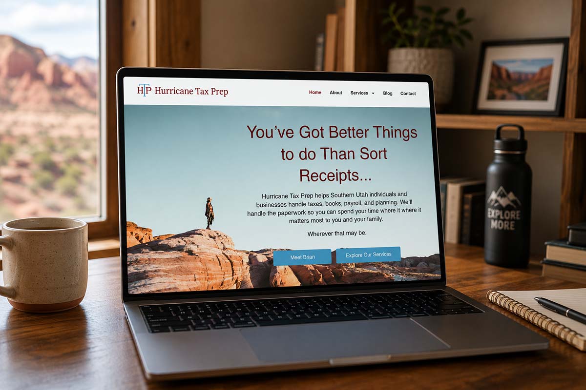 Hurricane Tax Prep website for a Southern Utah tax preparation firm displayed on a laptop