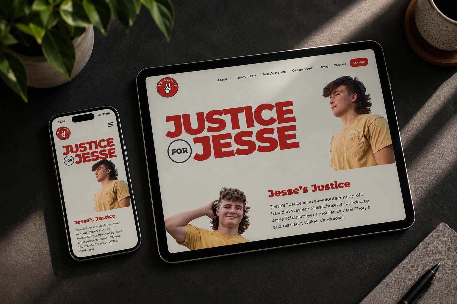 Jesse’s Justice nonprofit website displayed on a tablet and smartphone.